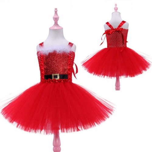 Girls Xmas christmas party jazz dance dresses toddlers red feather tutu skirts film event drama cosplay puffy dress for kids meshChristmas kids show costume